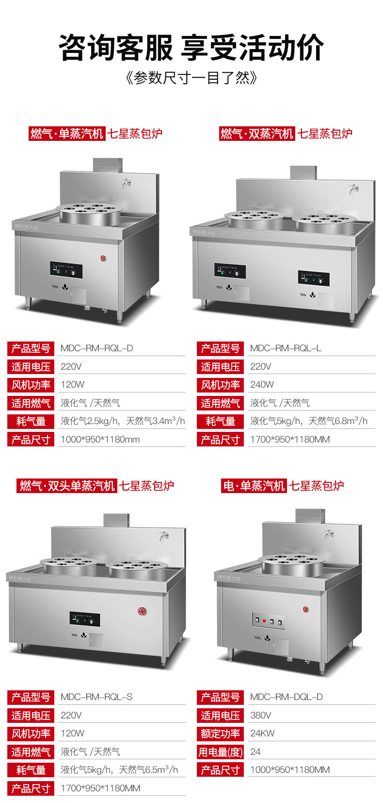 MDC商用蒸包爐燃氣款單雙頭單雙蒸汽機蒸包爐